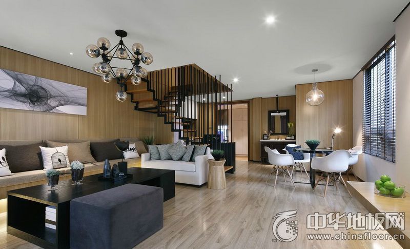 現代簡約風格客廳淺灰色木地板裝修效果圖    復合木地板圖片